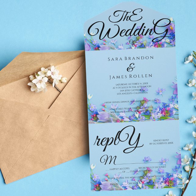 Invitación Todo En Uno La caligrafía romántica de primavera azul El Boda (Subido por el creador)
