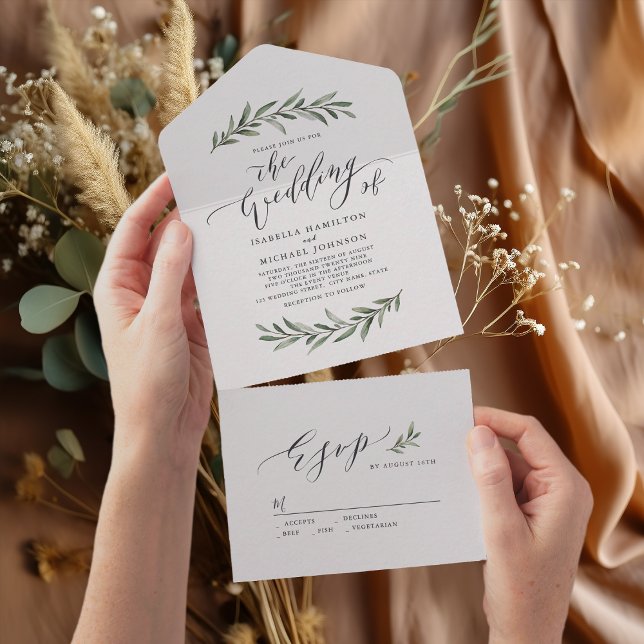 Invitación Todo En Uno La caligrafía simple boda de la vegetación rústica (Simple calligraphy rustic greenery wedding all in all in one invitation)