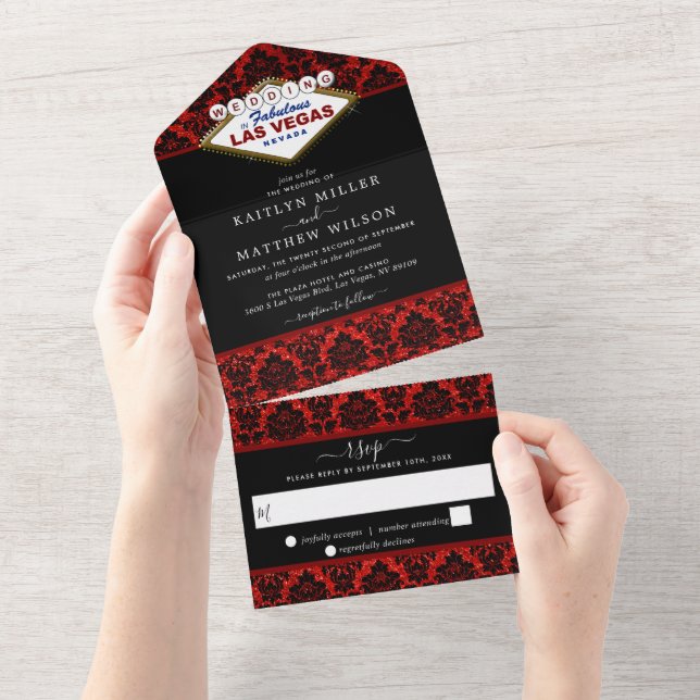 Invitación Todo En Uno La colección de Bodas Purpurinas Damask Las Vegas (desgarro)