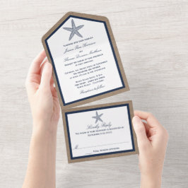 Invitación Todo En Uno La colección de bodas Starfish Burlap Beach de la