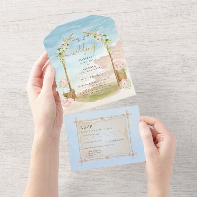 Invitación Todo En Uno La costa costera de playa Rústica Boho Wedding RSV (desgarro)