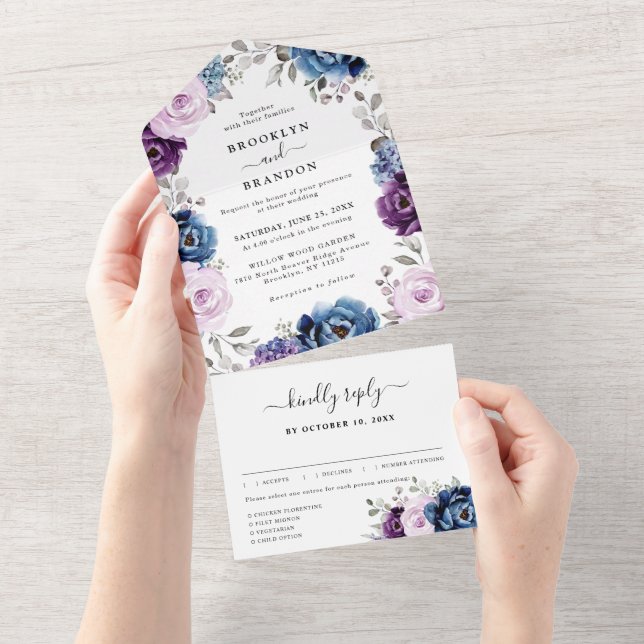Invitación Todo En Uno La polvorienta Marina Azul Púrpura Lilac florece B (desgarro)