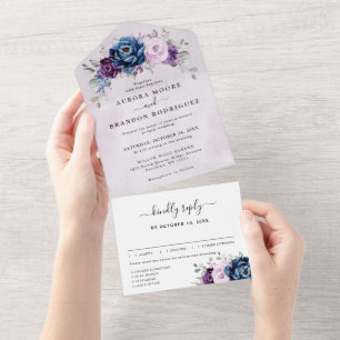 Invitación Todo En Uno La polvorienta Marina Azul Púrpura Lilac florece B