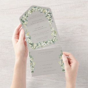Invitación Todo En Uno La recepción de bodas Greige Snowberry+Eucalyptus