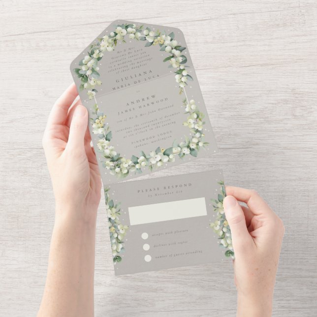 Invitación Todo En Uno La recepción de bodas Greige Snowberry+Eucalyptus (desgarro)
