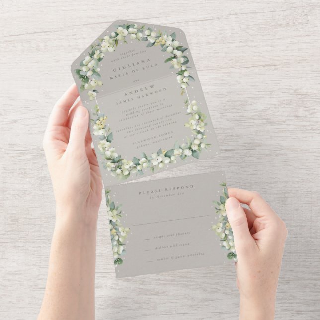 Invitación Todo En Uno La recepción de bodas Greige Snowberry+Eucalyptus (desgarro)