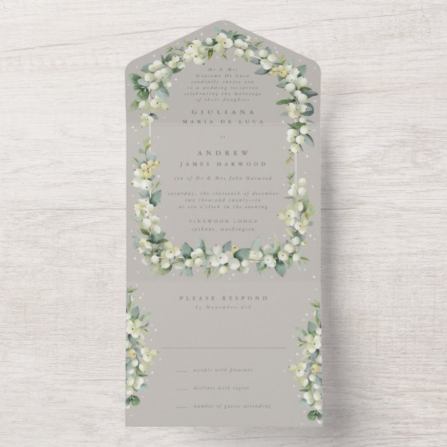 Invitación Todo En Uno La recepción de bodas Greige Snowberry+Eucalyptus (Interior)