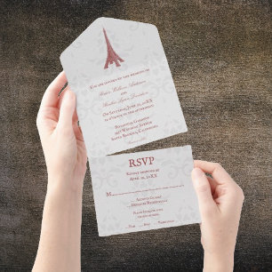Invitación Todo En Uno La Torre Eiffel Roja Damasco todo en un Boda
