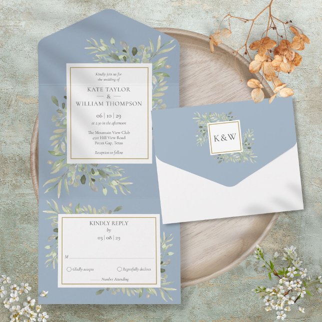 Invitación Todo En Uno La vegetación botánica deja un Boda azul turbulent (Botanical Greenery Leaves Dusty Blue Wedding All In One Invitation)