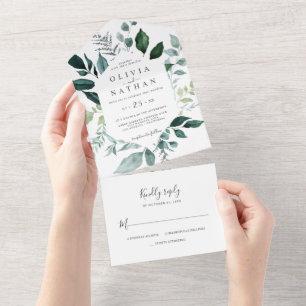 Invitación Todo En Uno La vegetación de follaje esmeralda deja al Boda en