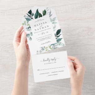 Invitación Todo En Uno La vegetación esmeralda Boda de la hoja de madera 