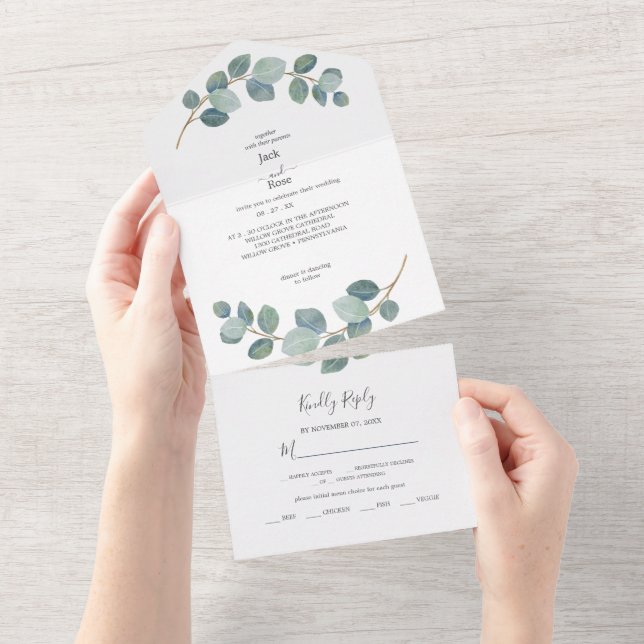 Invitación Todo En Uno La vegetación rústica Eucalyptus Boda de verano. (desgarro)