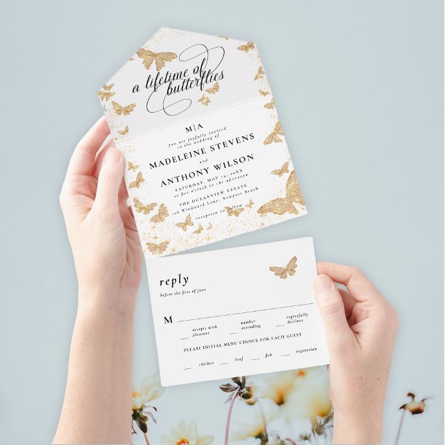 Invitación Todo En Uno La vida de las mariposas elegante Boda romántico (a lifetime of butterflies theme modern romantic elegant minimalist all in one trifold garden wedding)
