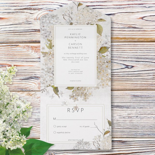 Invitación Todo En Uno Lálabes roánticos blancos en blanco sin cena (Rustic Romantic White Lilacs on White No Dinner All In One Invitation)