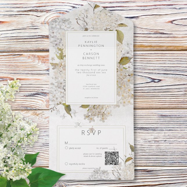 Invitación Todo En Uno Lálabes roánticos rusos sobre el código QR blanco (Rustic Romantic White Lilacs on White QR Code All In One Invitation)