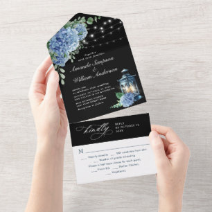 Invitación Todo En Uno Lámpara de Hortensia Azul Boda con Fondo Negro