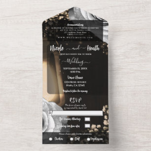 Invitación Todo En Uno Lámpara Rústica y Rosas Plateadas Glam para Boda