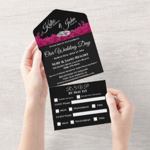 Invitación Todo En Uno Las orquídeas de Fuchsia en Boda negro - todo en u