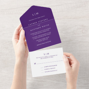 Invitación Todo En Uno Lauren Purple Monograma Elegante Boda