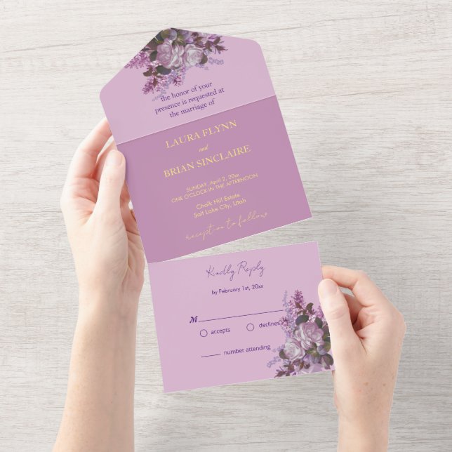 Invitación Todo En Uno Lavanda, Lilacs, Rosas, Boda (desgarro)