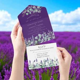 Invitación Todo En Uno Lavanda púrpura rústica y Boda de Eucalyptus RSVP