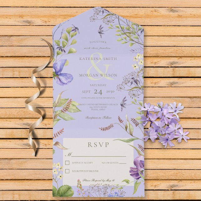 Invitación Todo En Uno Lavanda Rústica Flores Silvestres Lavanda Sin Cena (Also available with a QR code or with dinner selection options.)