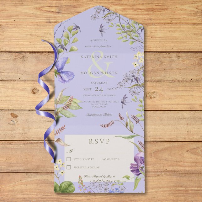 Invitación Todo En Uno Lavanda Rústica Flores Silvestres Lavanda Sin Cena (Rustic Lavender Wildflowers Lavender No Dinner All In One Invitation)