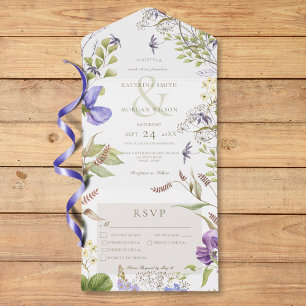 Invitación Todo En Uno Lavanda Rústica Flores Silvestres Tres Cenas Blanc
