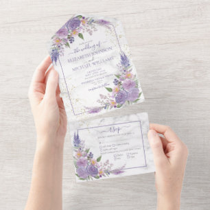 Invitación Todo En Uno Lavanda Rústica Lilac Marble Gold Boda Floral