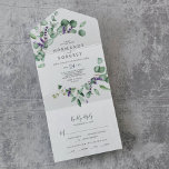 Invitación Todo En Uno Lavanda rústica y Boda de eucalipto<br><div class="desc">Este rústico boda de lavanda y eucalipto, todo en una sola invitación, es perfecto para un boda al aire libre sencillo y elegante. El diseño floral incluye hojas de eucaliptos acuáticas y vegetación con brotes de flores silvestres moradas. Escriba a mano las direcciones de los invitados en la parte posterior...</div>