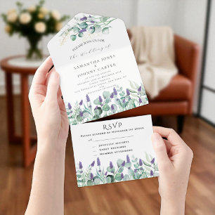 Invitación Todo En Uno Lavanda rústica y Boda de Eucalyptus RSVP