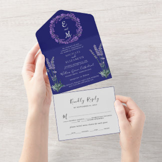 Invitación Todo En Uno Lavanda rústica y eucalipto | Boda azul de la Mari