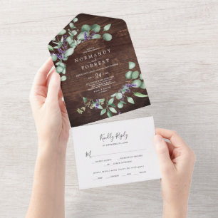 Invitación Todo En Uno Lavanda rústica y eucalipto   Boda maderero