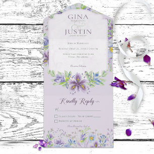 Invitación Todo En Uno Lavanda rústica y floral azul sin cena
