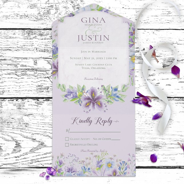 Invitación Todo En Uno Lavanda rústica y floral azul sin cena (Subido por el creador)