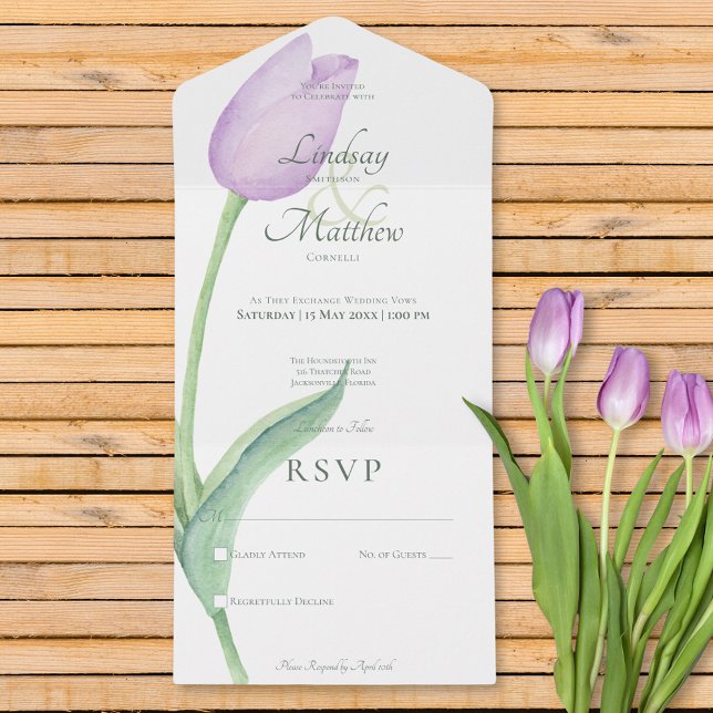 Invitación Todo En Uno Lavanda Tulip Solo Purple Moderno Sin Cena (Lavender Tulip Solo Purple Modern No Dinner All In One Invitation)