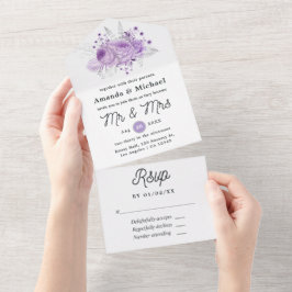 Invitación Todo En Uno Lavanda y Boda floral plateado