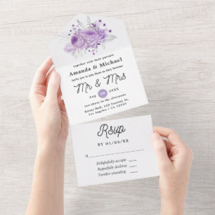Invitación Todo En Uno Lavanda y Boda floral plateado