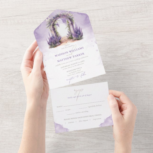 Invitación Todo En Uno Lavender Garden Wedding con Rsvp (desgarro)