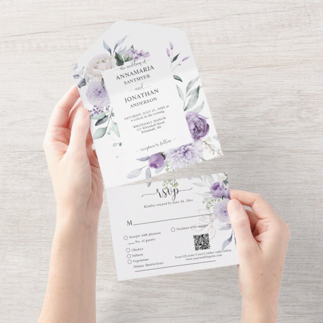 Invitación Todo En Uno Lavender Lilac Purple Peonies Greenery Boda (desgarro)