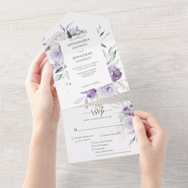 Invitación Todo En Uno Lavender Lilac Purple Peonies Greenery Wedding (desgarro)