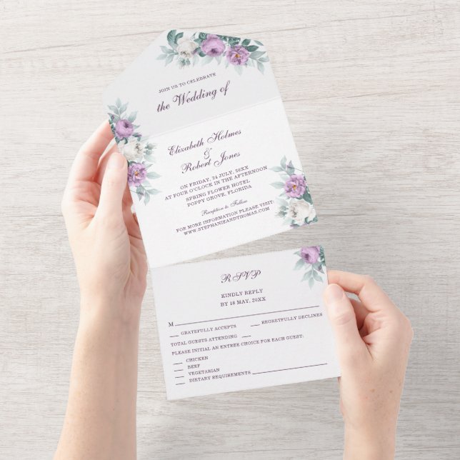 Invitación Todo En Uno Lavender Purple All in One Wedding Invite (desgarro)