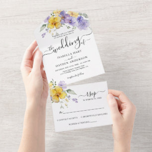 Invitación Todo En Uno Lavender Purple Golden Yellow Floral Wedding RSVP