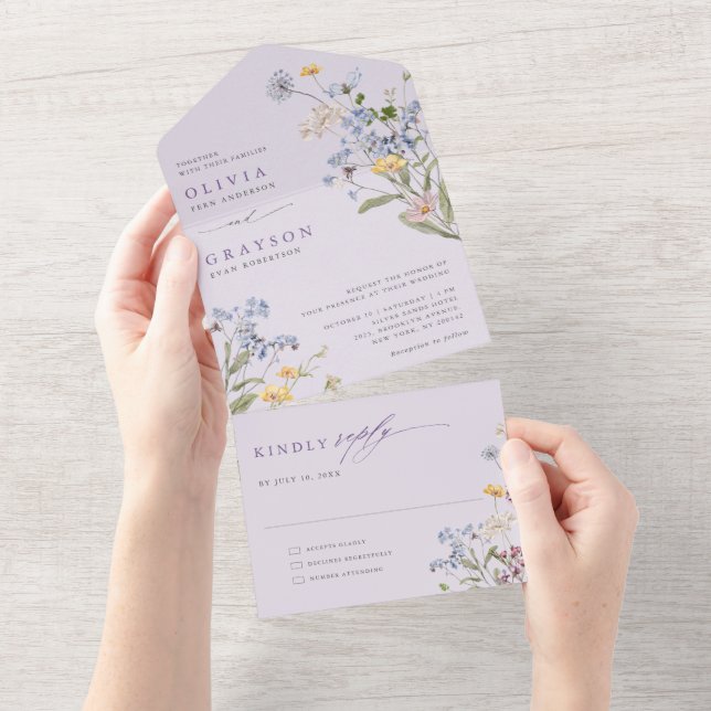 Invitación Todo En Uno Lavender Spring Wildflower Meadow Garden Wedding   (desgarro)