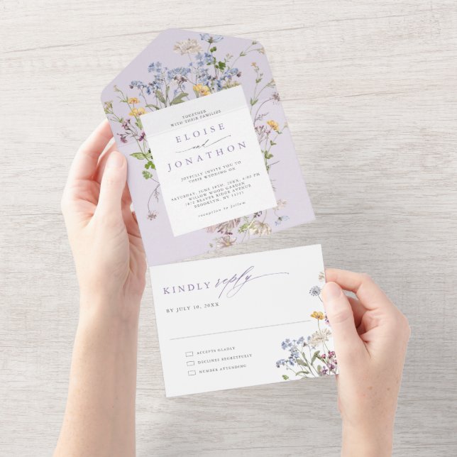 Invitación Todo En Uno Lavender Spring Wildflower Meadow Garden Wedding   (desgarro)