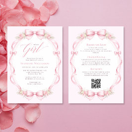 Invitación Todo en uno lazo Coquette rosa floral Baby Shower