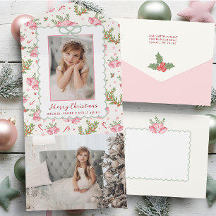 Invitación Todo En Uno Lazo Coquette Rosa/Verde Foto Navidad Escalonada