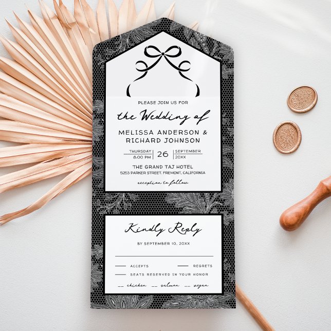 Invitación Todo En Uno Lazo de coqueta de encaje blanco y negro Boda (Subido por el creador)
