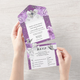 Invitación Todo En Uno Lazo de satén de rosa mariposa brillo plateado mor