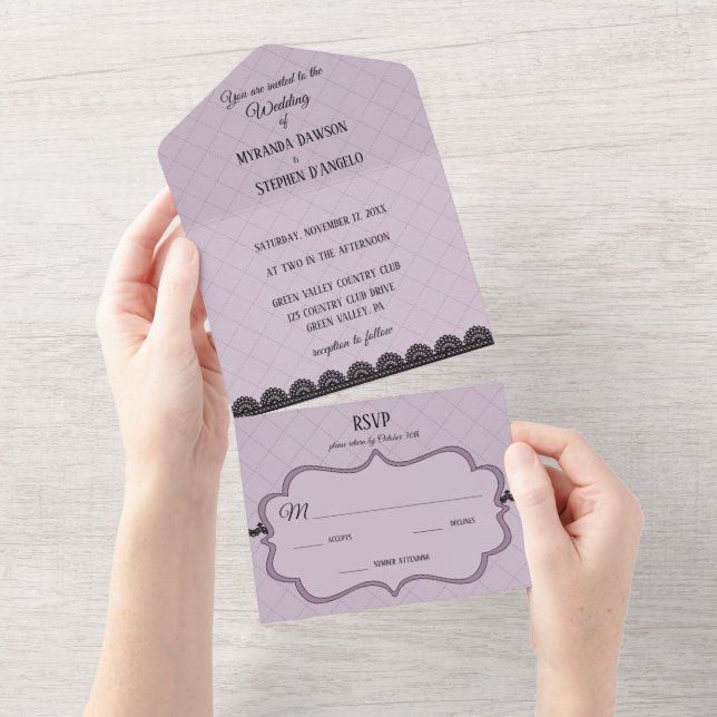 Invitación Todo En Uno Lazo negro sobre la boda personalizada de lavanda  (desgarro)